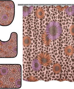 Alaza Abstract Geometric Sunflower Print Shower Curtain With Leopard Spot Pattern For Chic Bathroom