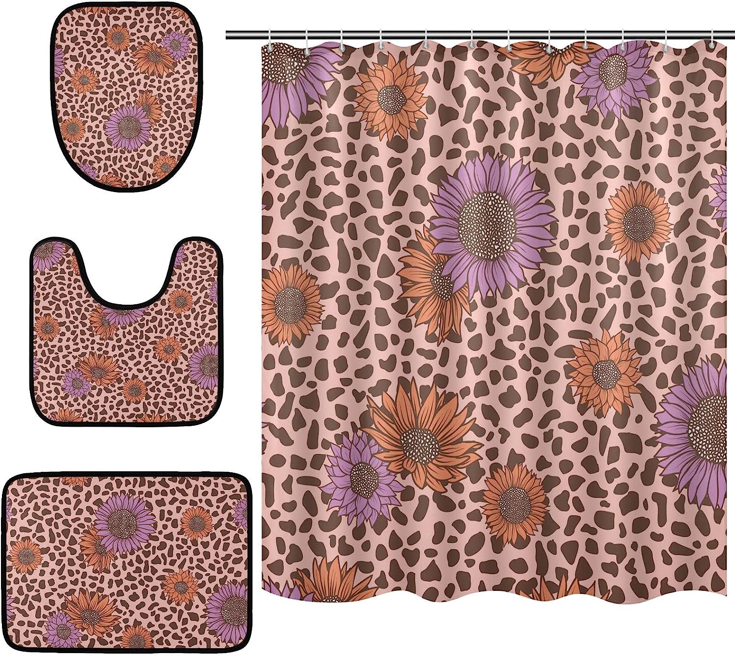 Alaza Abstract Geometric Sunflower Print Shower Curtain With Leopard Spot Pattern For Chic Bathroom