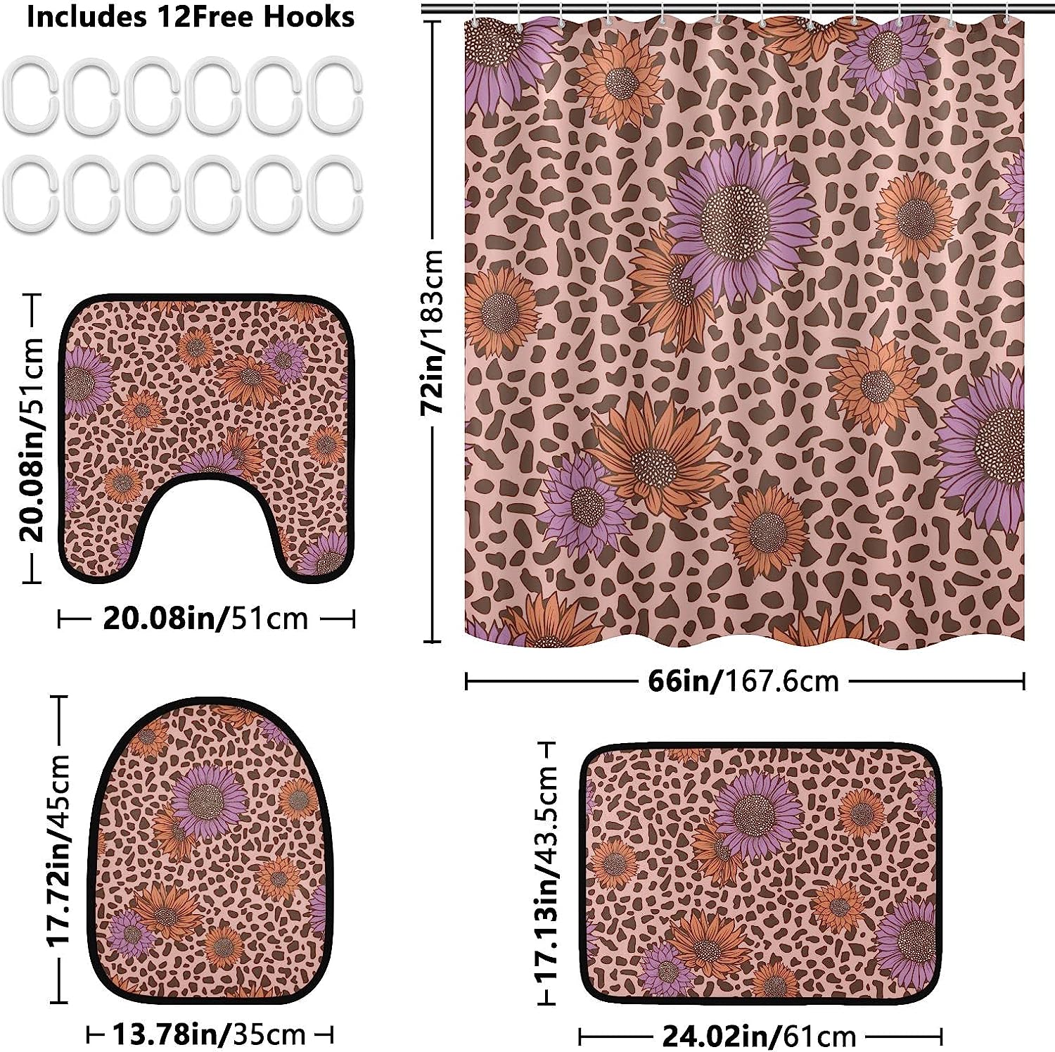Alaza Abstract Geometric Sunflower Print Shower Curtain With Leopard Spot Pattern For Chic Bathroom - Image 2