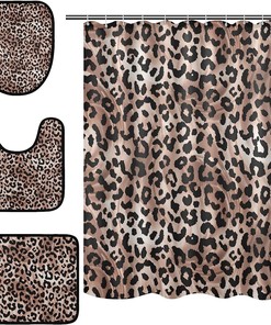 Alaza Elegant Leopard Spot Design Shower Curtain With Mat And Toilet Cover For Bathroom Decor