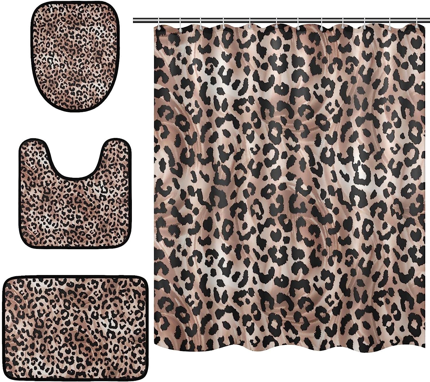 Alaza Elegant Leopard Spot Design Shower Curtain With Mat And Toilet Cover For Bathroom Decor