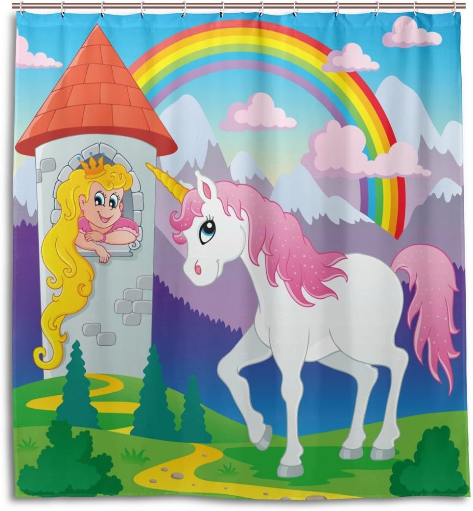 Alaza Fairy Tale Girl Unicorn Rainbow Shower Curtain For Stylish Bathroom Decoration