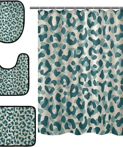 Alaza Geometric Green Leopard Print Shower Curtain With Mat And Toilet Cover For Home Decor