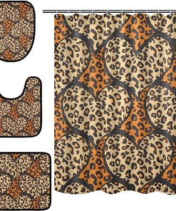 Alaza Heart Leopard Spot Print Shower Curtain With Mat And Toilet Cover For Romantic Bathroom Decor