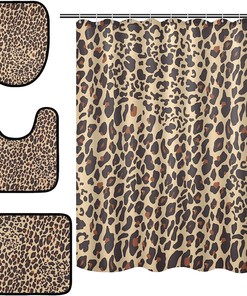 Alaza Leopard Spot Print Shower Curtain With Mat And Toilet Cover For Home Decor