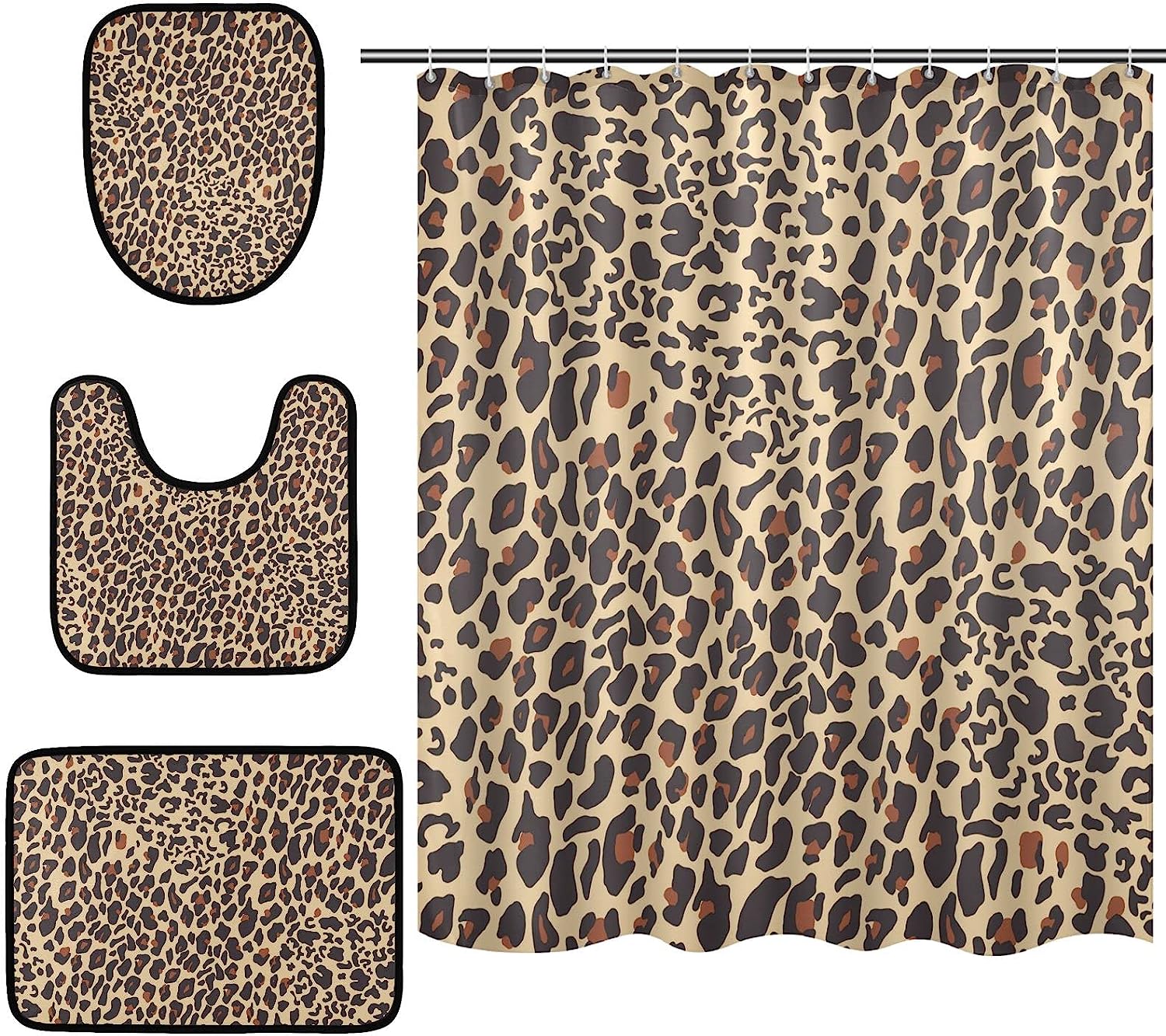 Alaza Leopard Spot Print Shower Curtain With Mat And Toilet Cover For Home Decor