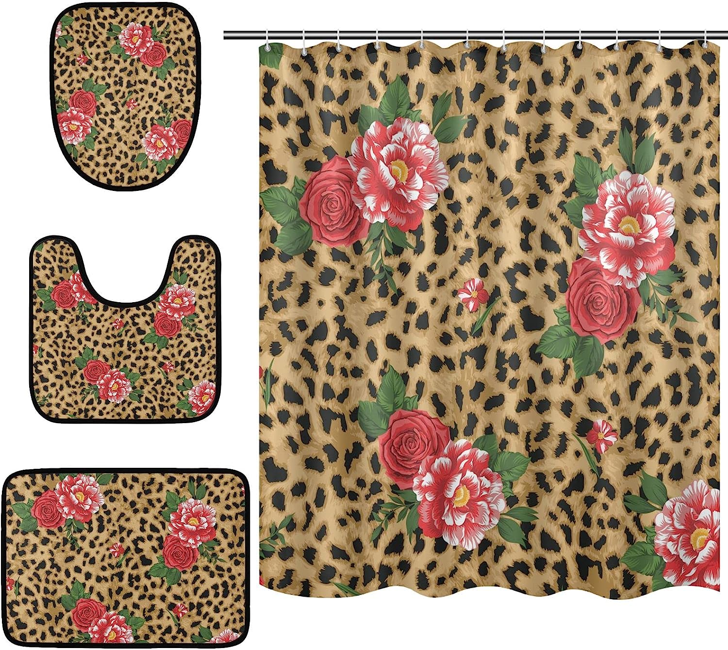 Alaza Leopard Spot Print With Rose Flowers Shower Curtain For Romantic Bathroom Decor