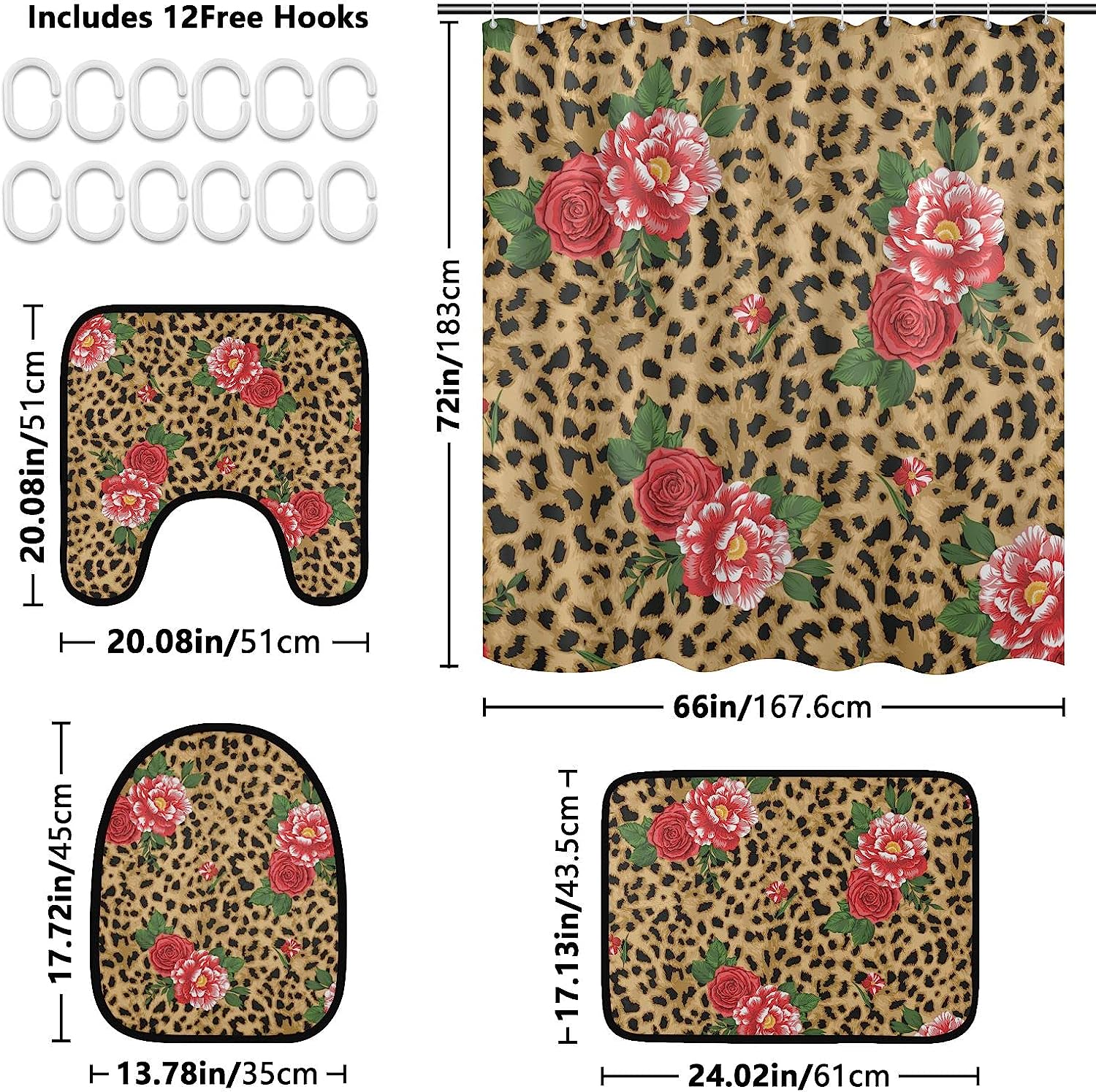 Alaza Leopard Spot Print With Rose Flowers Shower Curtain For Romantic Bathroom Decor - Image 2