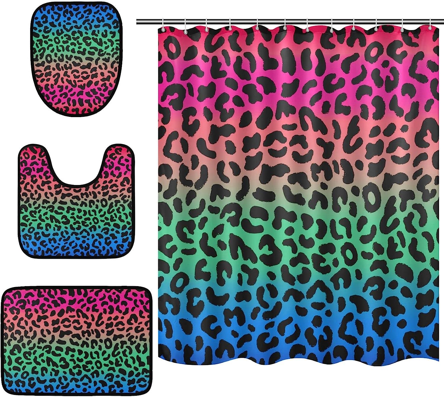 Alaza Multicolor Leopard Spot Print Shower Curtain With Mat And Toilet Cover For Bold Bathroom Decor