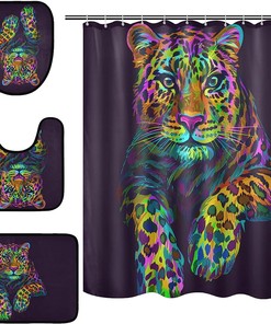 Alaza Neon Colors Leopard Print Shower Curtain With Mat And Toilet Cover For Fun Bathroom