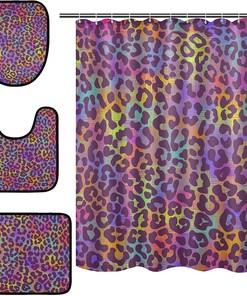 Alaza Neon Rainbow Colors Leopard Spot Print Shower Curtain With Mat And Toilet Cover For Colorful Bathroom