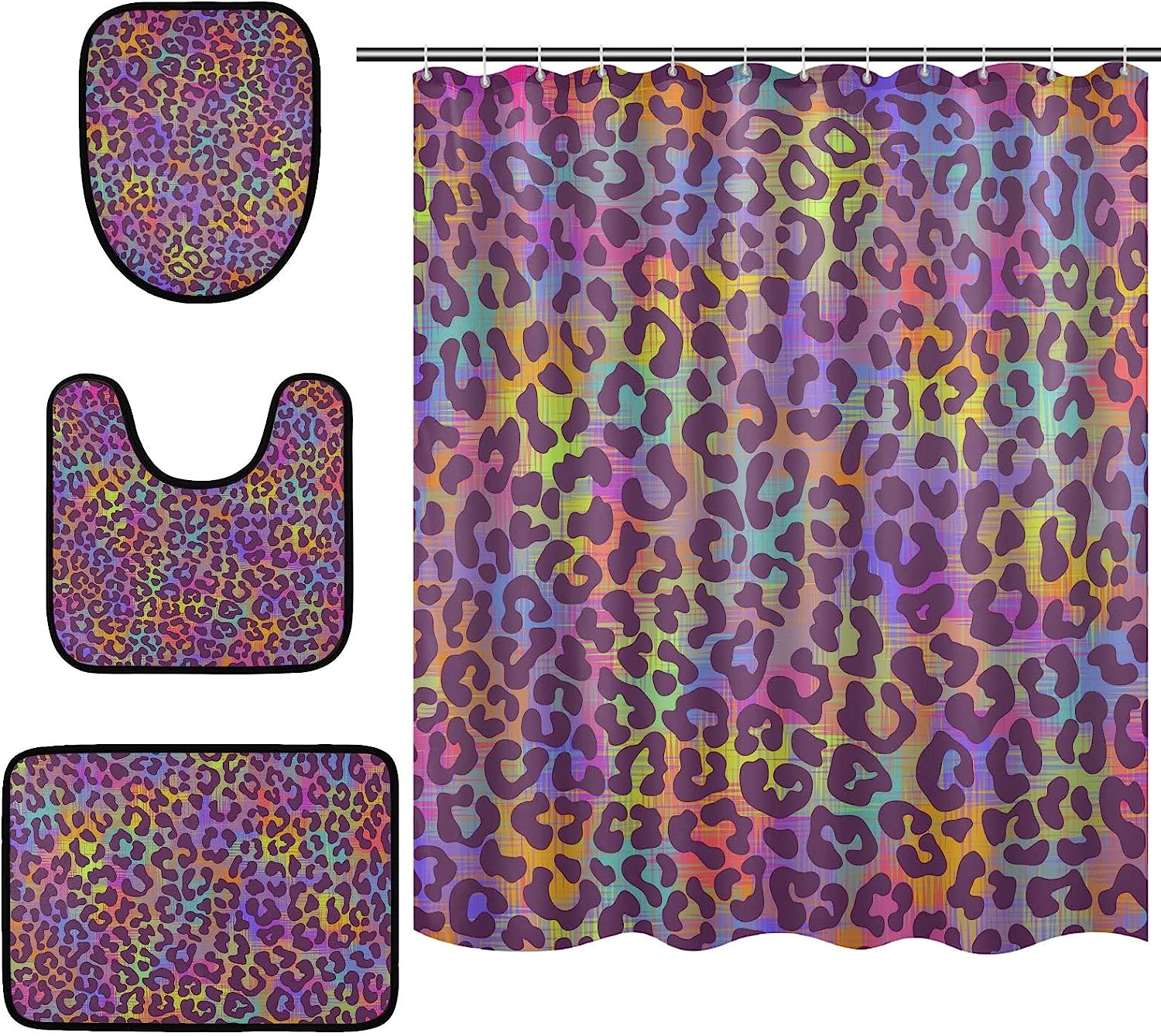 Alaza Neon Rainbow Colors Leopard Spot Print Shower Curtain With Mat And Toilet Cover For Colorful Bathroom