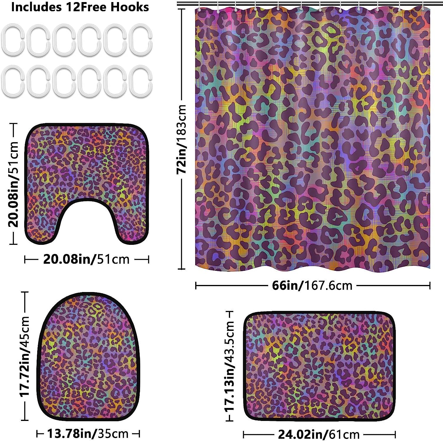 Alaza Neon Rainbow Colors Leopard Spot Print Shower Curtain With Mat And Toilet Cover For Colorful Bathroom - Image 2