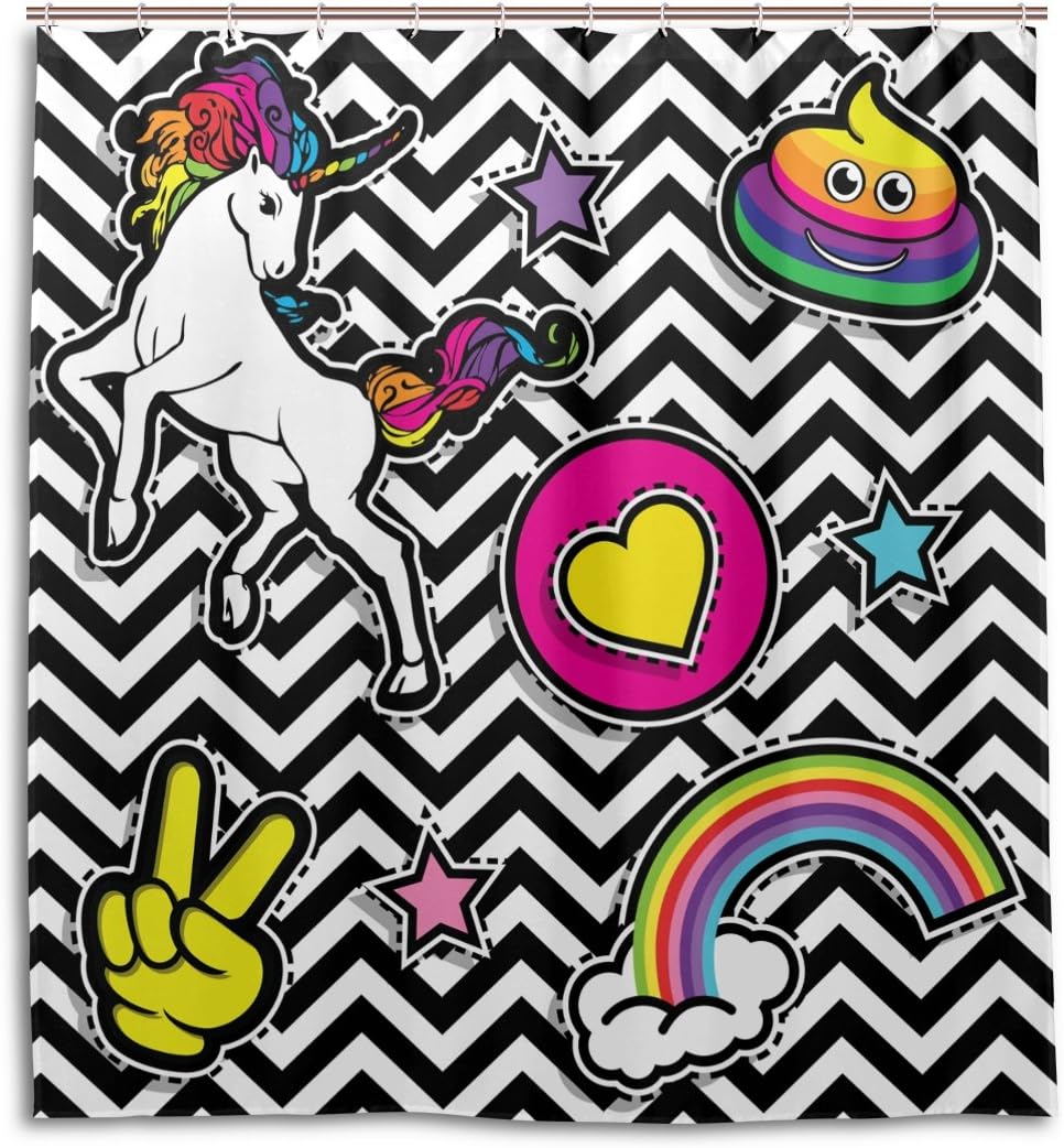 Alaza Pop Art Unicorn Rainbow Chevron Print Shower Curtain For Whimsical Bathroom