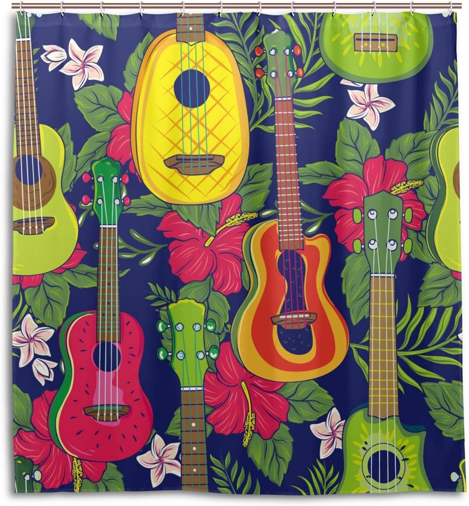 Alaza Pop Colorful Hawaiian Fruity Ukulele Flower Print Shower Curtain For Fun Bathroom Decor