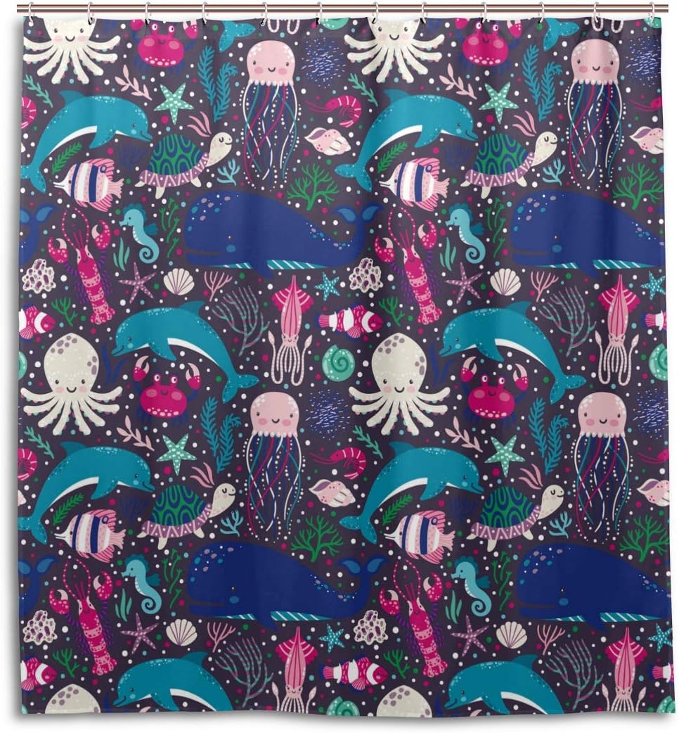 Alaza Sea Creatures Print Shower Curtain With Octopus, Whale, Turtle, And Jellyfish For Ocean-Theme Bathroom