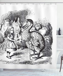 Alice In Wonderland Shower Curtain With Dodo Animal Adventures Big Bird Sketch Theme - White And Black Color