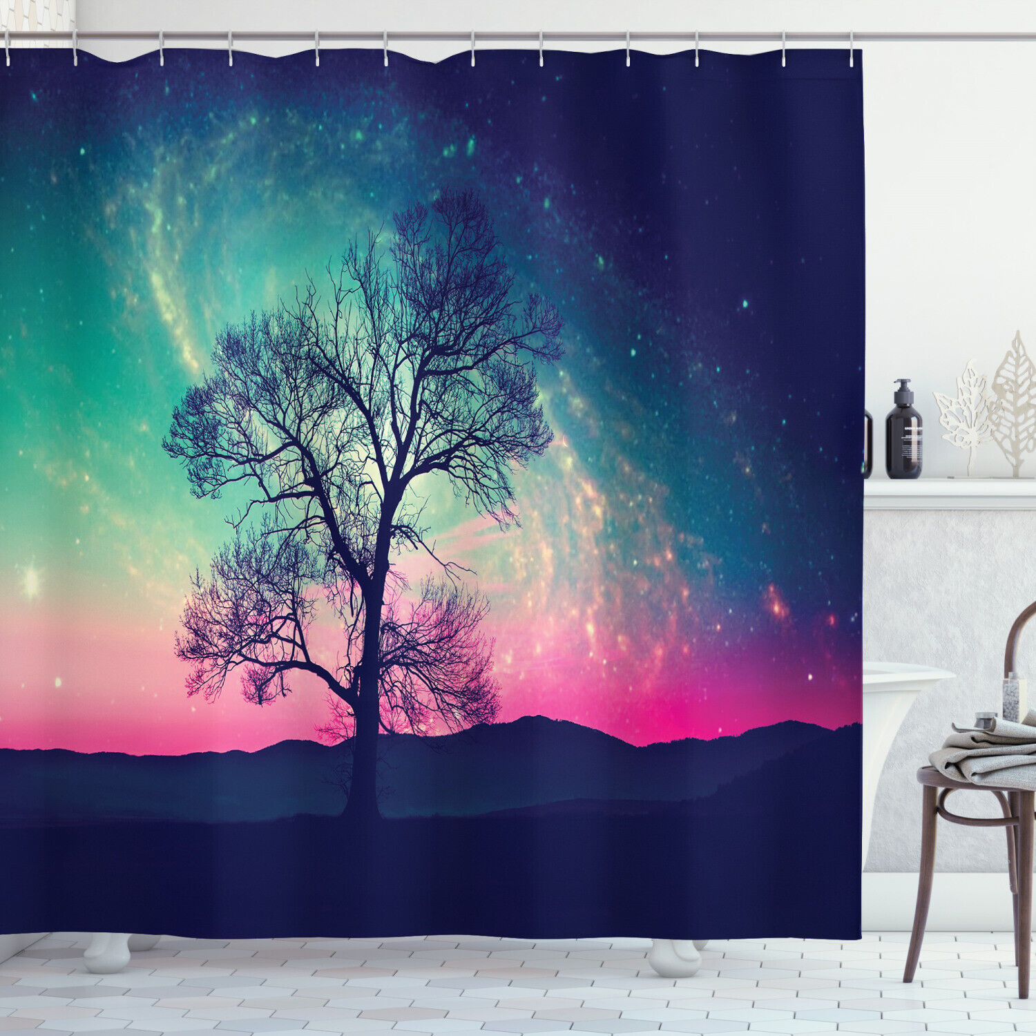 Aliens And Red Galaxy Shower Curtain For Sci-Fi Bathroom Decor