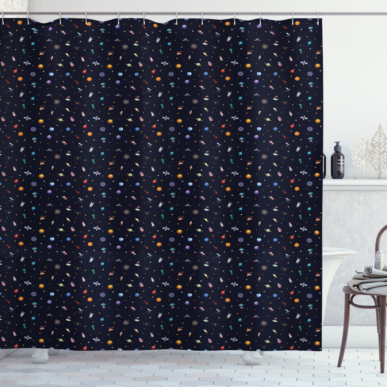 Aliens Planets and Stars Spaceship Shower Curtain for Science Fiction Fans