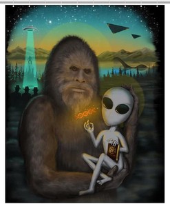 Aliens and Bigfoot Waterproof Shower Curtain for UFO and Sasquatch Enthusiasts 
