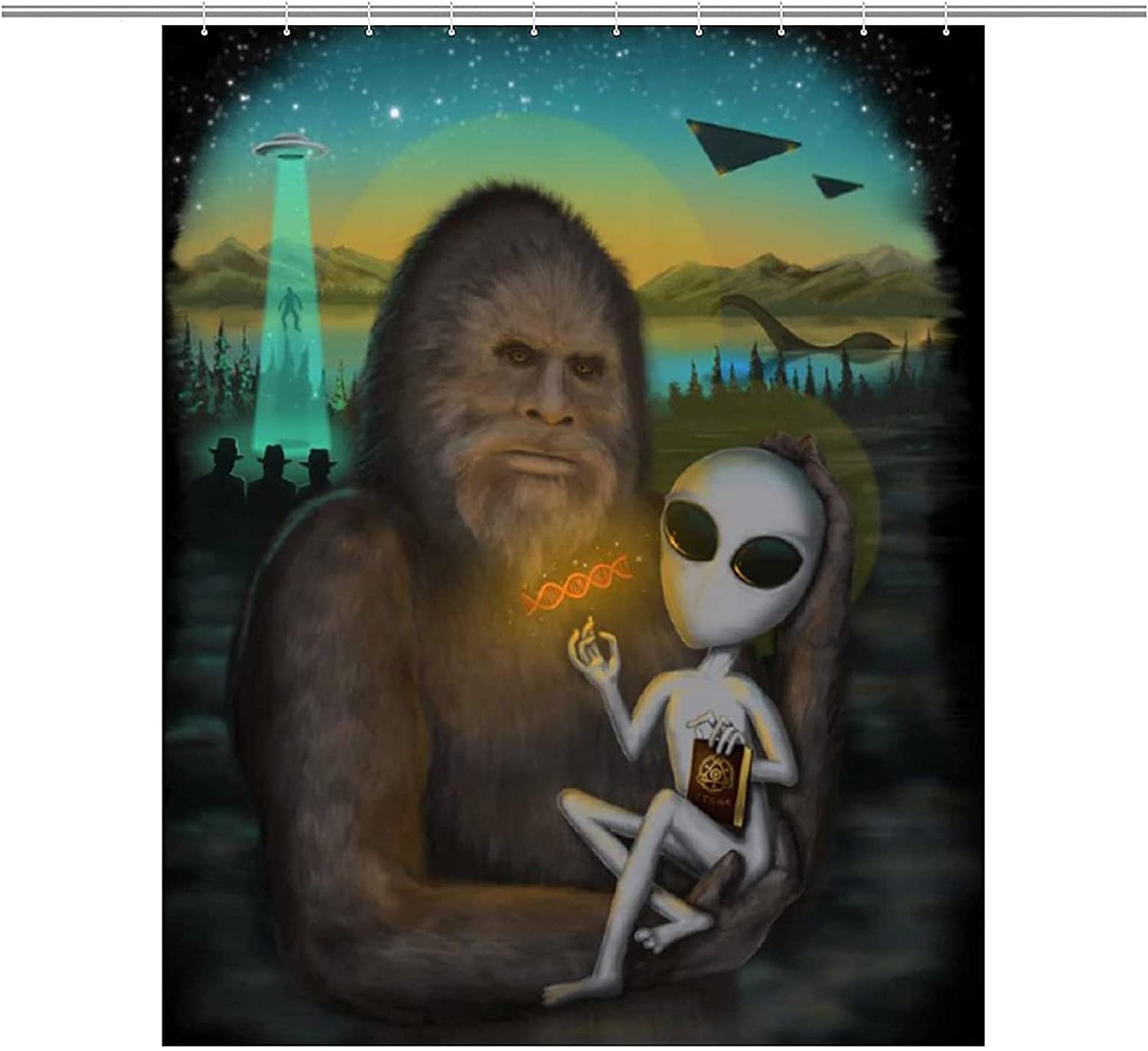 Aliens and Bigfoot Waterproof Shower Curtain for UFO and Sasquatch Enthusiasts