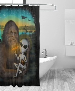 Aliens and Bigfoot Waterproof Shower Curtain for UFO and Sasquatch Enthusiasts