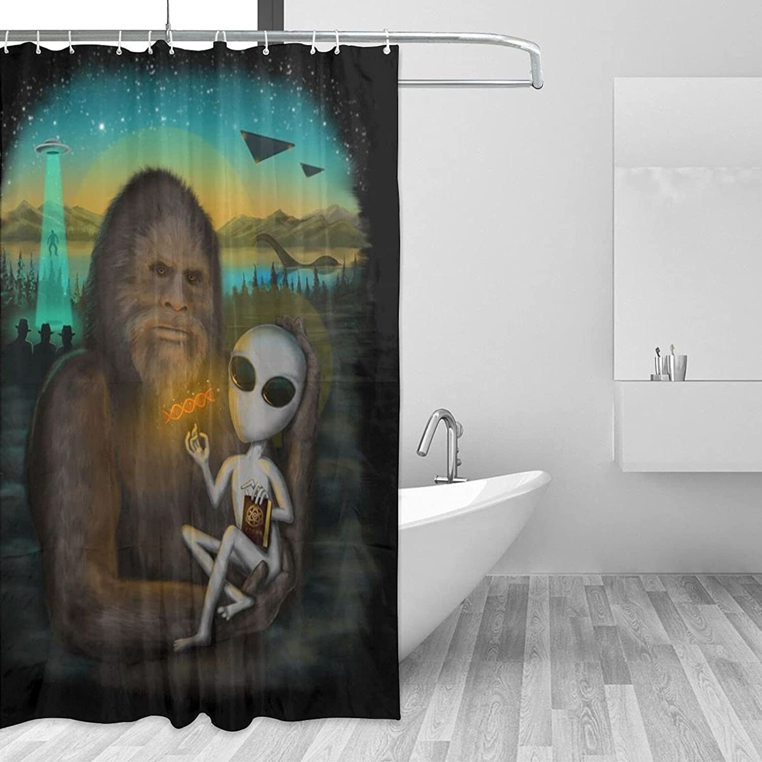 Aliens and Bigfoot Waterproof Shower Curtain for UFO and Sasquatch Enthusiasts