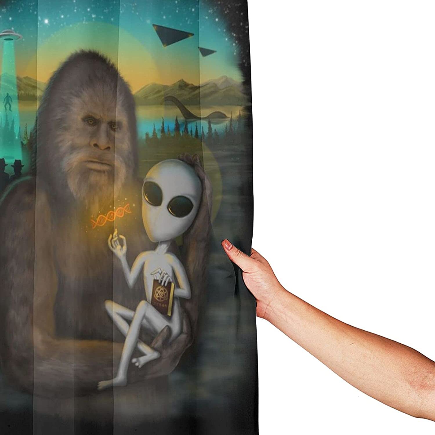 Aliens and Bigfoot Waterproof Shower Curtain for UFO and Sasquatch Enthusiasts