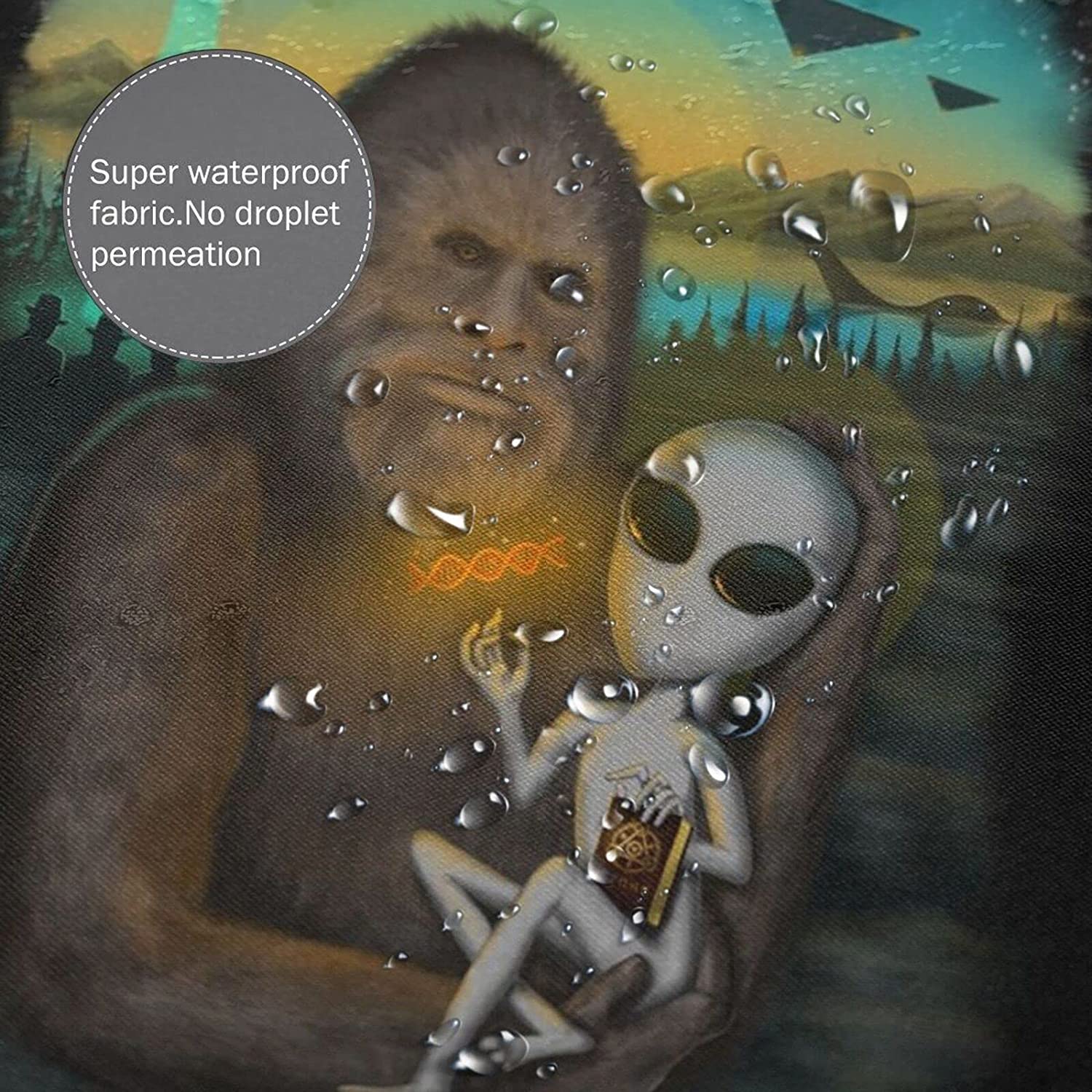 Aliens and Bigfoot Waterproof Shower Curtain for UFO and Sasquatch Enthusiasts