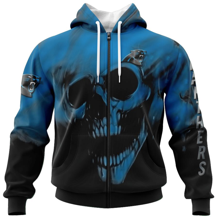 All Over Print 3D Carolina Panthers Skull Hoodie With Customizable Name & Number - Perfect Gifts For Fans