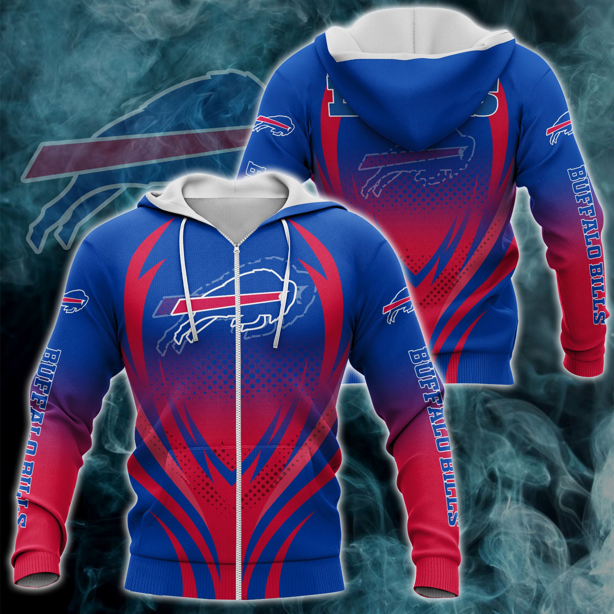 All Over Print Buffalo Bills Zipper Hoodie With 3D Print Design, Perfect Gifts For Fans