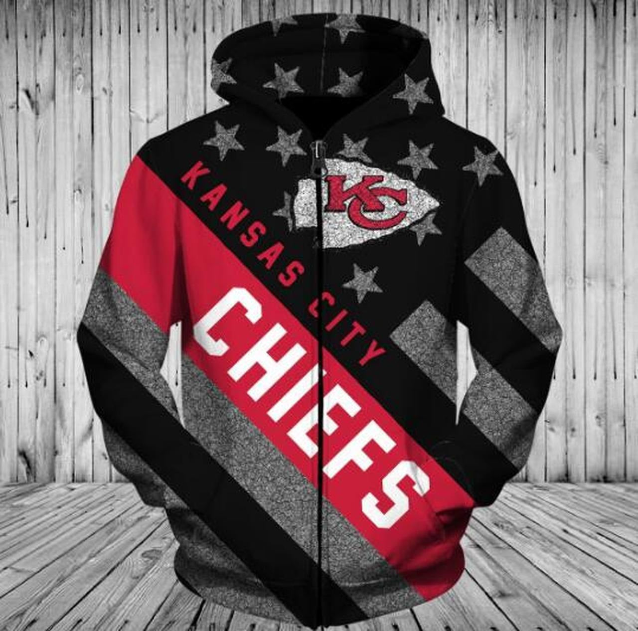 All Over Print Kansas City Chiefs 3D Striped Banner Zipper Hoodie Gift For Fans
