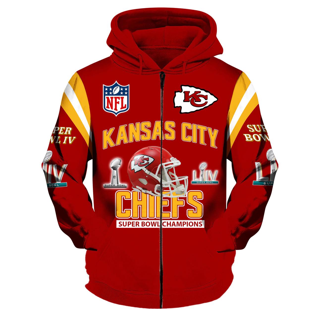 All Over Print Kansas City Chiefs 3D Super Bowl Liv Zip Up Hoodie Gift For Fans