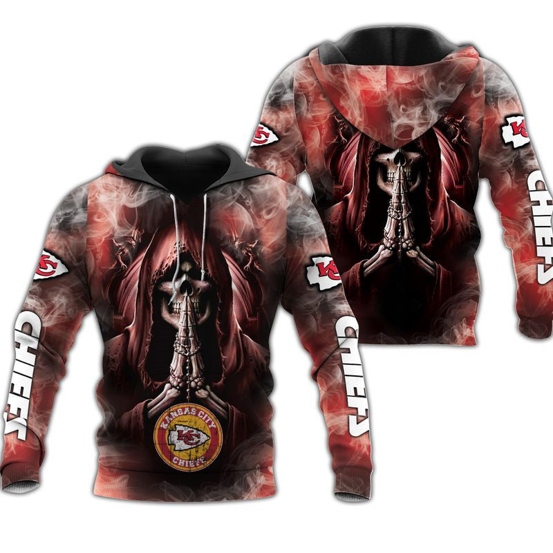 All Over Print Kansas City Chiefs Skull Hoodie Background Smoke Gift For Fans