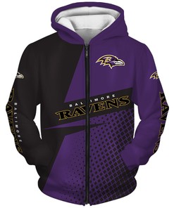 All Over Print Long Sleeve Baltimore Ravens Hoodie 3D Zip Hoodie For Fans