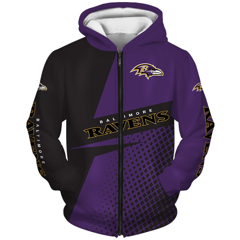 All Over Print Long Sleeve Baltimore Ravens Hoodie 3D Zip Hoodie For Fans