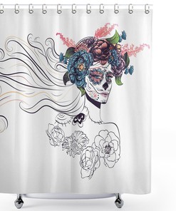 All Souls' Day Mexican Holiday Gothic Shower Curtain Female Head With Roses Pattern Bathroom Decor