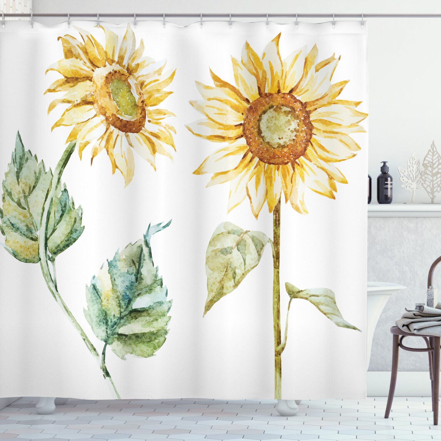 Alluring Sunflowers Print Watercolor Shower Curtain, Nature Bathroom Decor