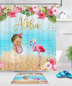 Aloha Luau Party Shower Curtain with Flowers and Flamingos for Bathroom Accessory