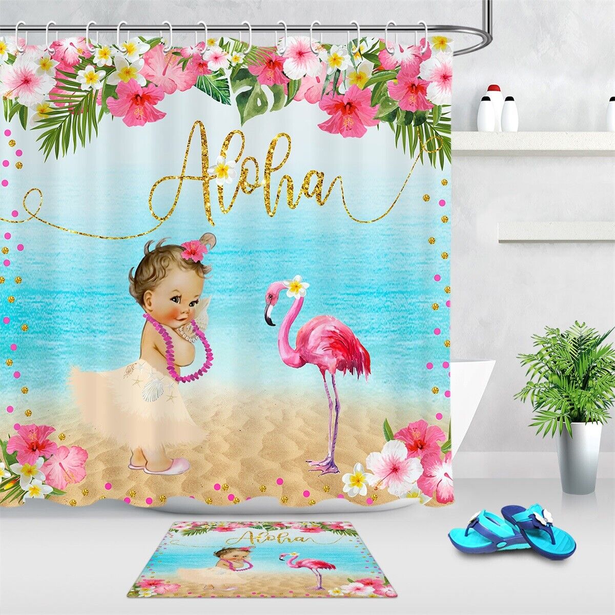 Aloha Luau Party Shower Curtain with Flowers and Flamingos for Bathroom Accessory