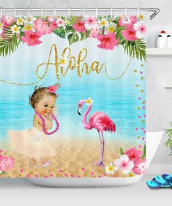 Aloha Luau Party Shower Curtain with Flowers and Flamingos for Bathroom Accessory
