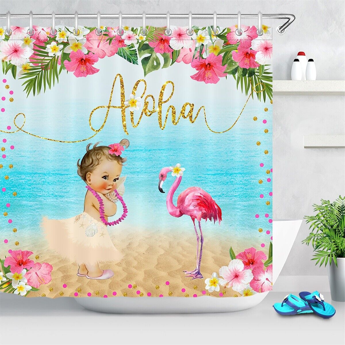 Aloha Luau Party Shower Curtain with Flowers and Flamingos for Bathroom Accessory