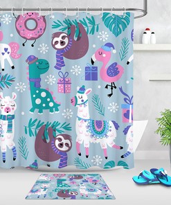 Alpaca And Sloth With Xmas Snowflakes Shower Curtain For Festive Bathroom Decor