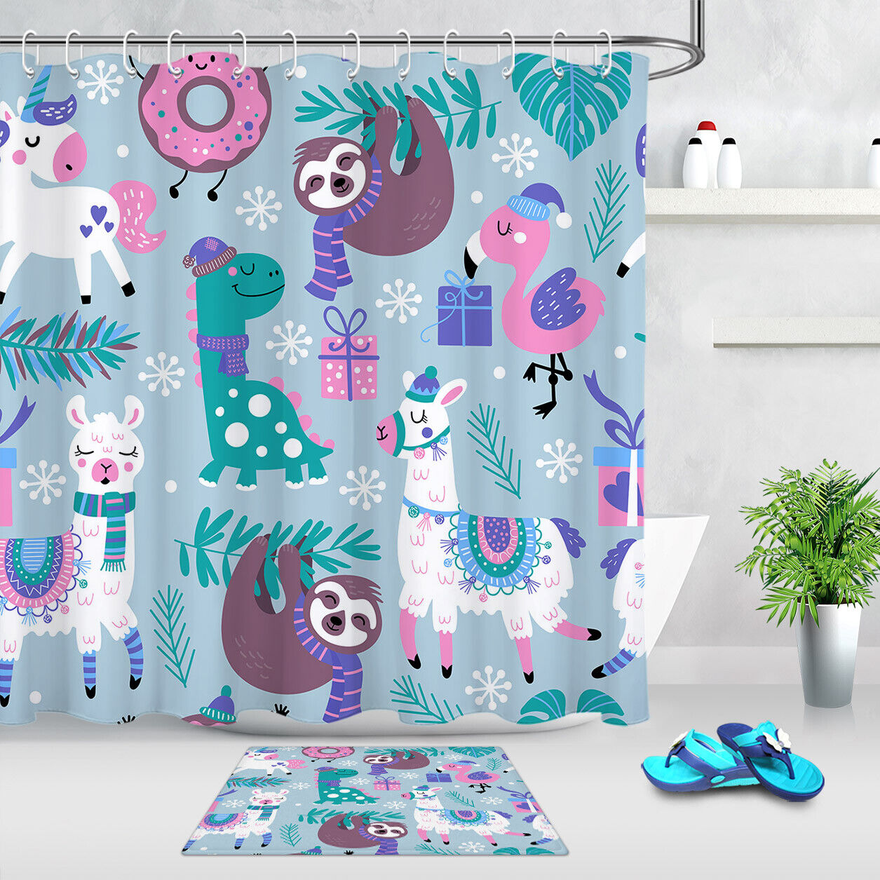 Alpaca And Sloth With Xmas Snowflakes Shower Curtain For Festive Bathroom Decor