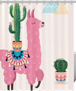 Alpaca Cactus Cartoon Llama Printed Shower Curtain for Bathroom, Showers Stall&Clawfoot Tub
