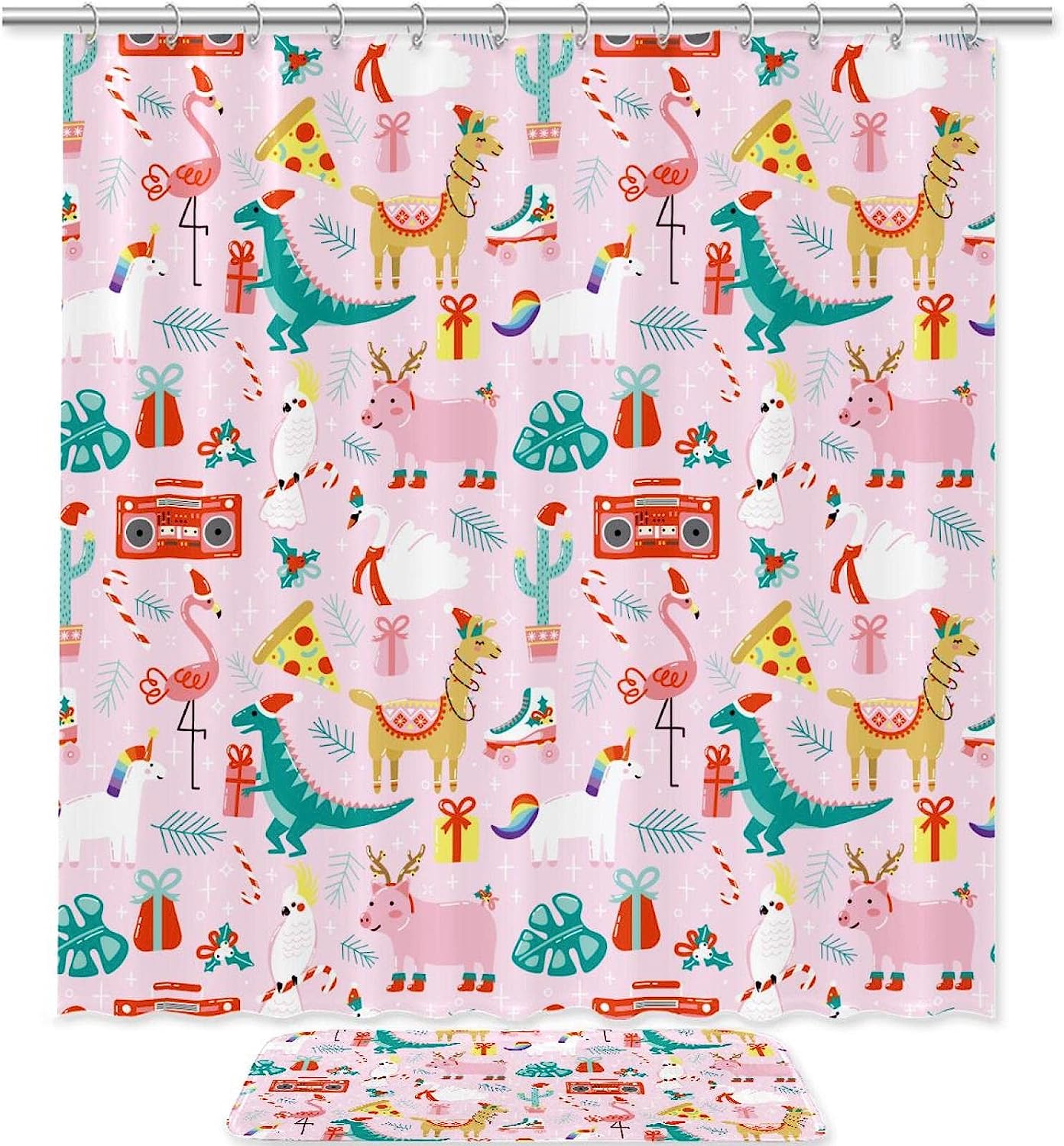 Alpaca Dinosaur Flamingo Pig Pink Shower Curtain - Fun And Whimsical Bathroom Decor
