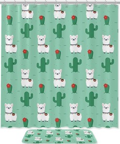 Alpaca Llama White Cactus Green Waterproof Shower Curtain - Adds A Touch Of Nature To Your Bathroom