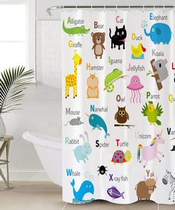 Alphabet Animals Colorful Shower Curtain, Frog Bird Bathroom Decor