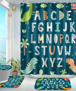 Alphabet Cartoon Dinosaur and Red Rose Valentine's Day Shower Curtain for Kid's Bathroom