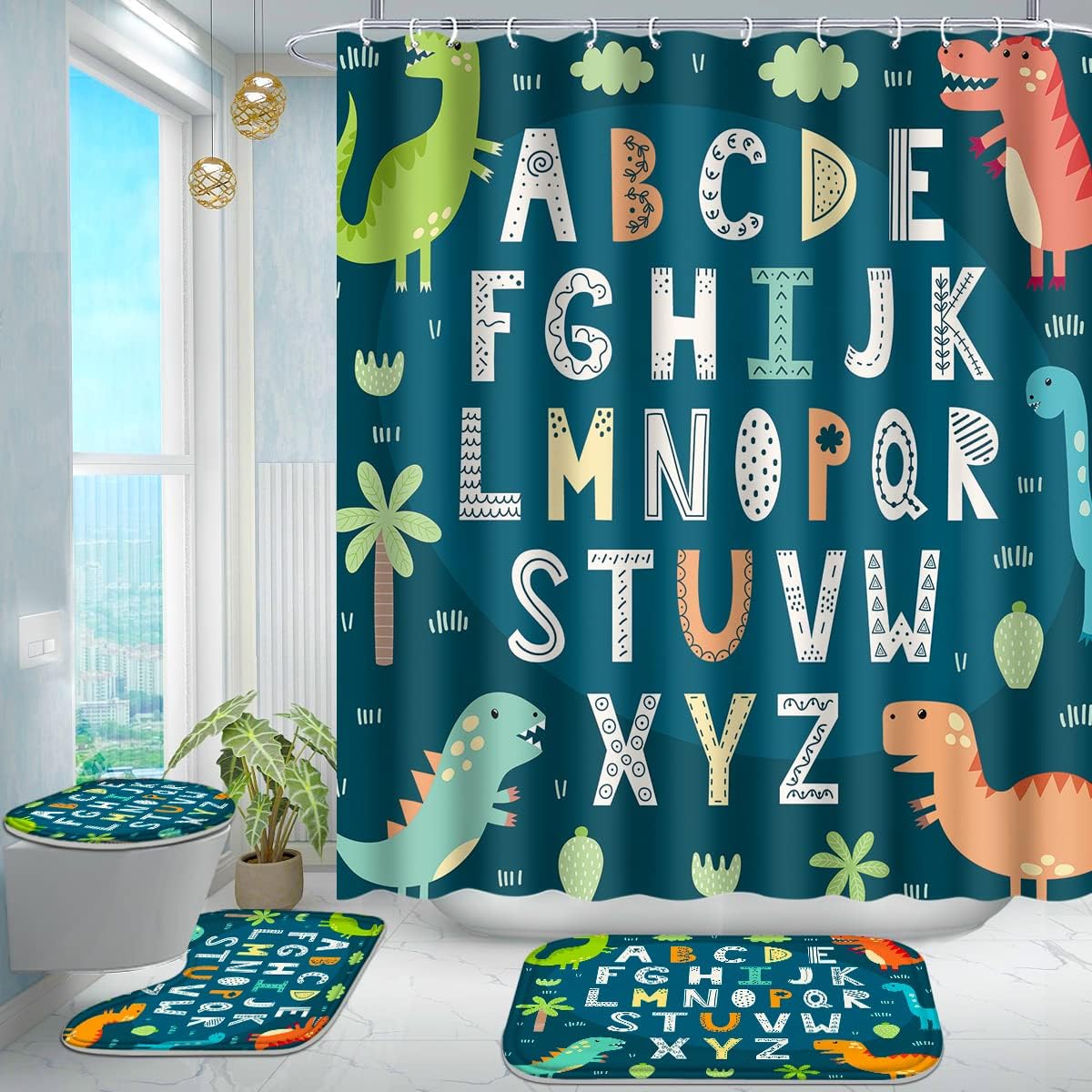 Alphabet Cartoon Dinosaur and Red Rose Valentine's Day Shower Curtain for Kid's Bathroom